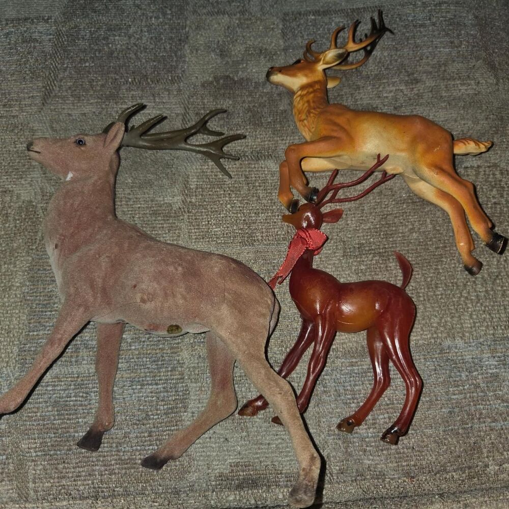 Vintage Deer Figurines Lot  Flocked Buck & Plastic Reindeer decor holiday kitsch